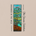 A vertical art print or canvas featuring a stylized forest illustration in teal, green, yellow, and brown tones, centered on a beige background with the text 'The Canvas Collection' and 'Grounded in the Wild' printed around it.