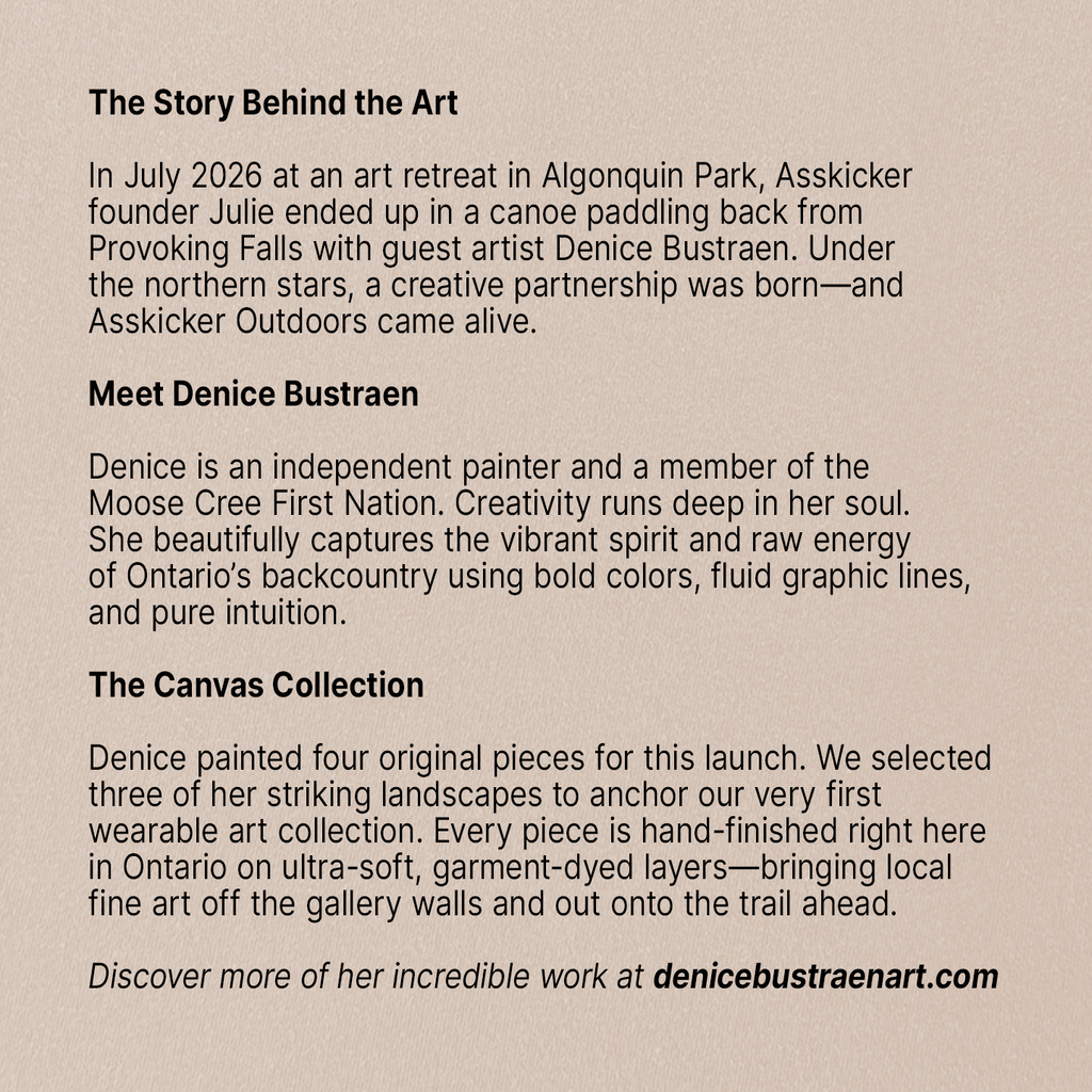 A text-heavy promotional graphic on a warm beige background, with three black headline paragraphs titled 'The Story Behind the Art,' 'Meet Denice Bustraen,' and 'The Canvas Collection,' plus a website URL at the bottom.