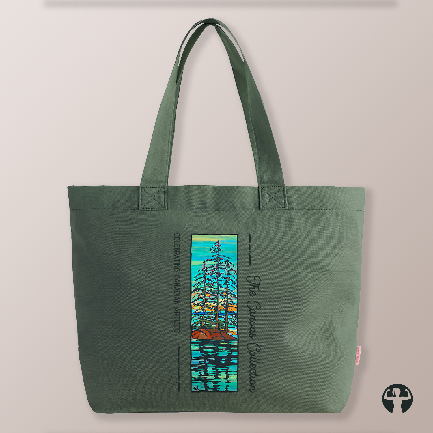 An olive green canvas tote bag featuring a colourful landscape painting, with the text 'The Canvas Collection' and 'Celebrating Canadian Artists' printed on the front, set against a solid light beige background.