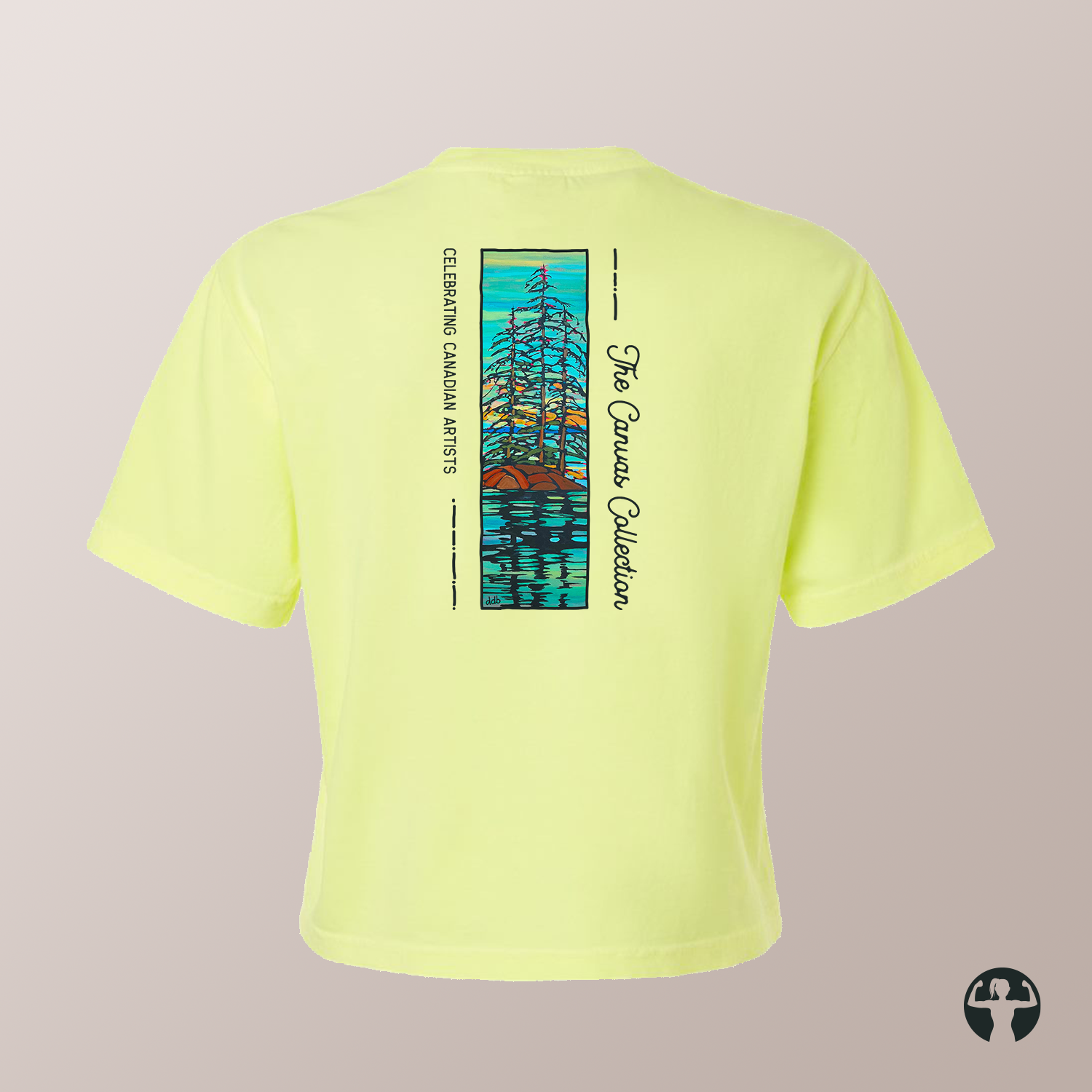 A neon yellow-green short-sleeve t-shirt shown from the back, featuring a vertical graphic print of pine trees reflected on blue water with the text 'The Canvas Collection' and 'Celebrating Canadian Artists'.