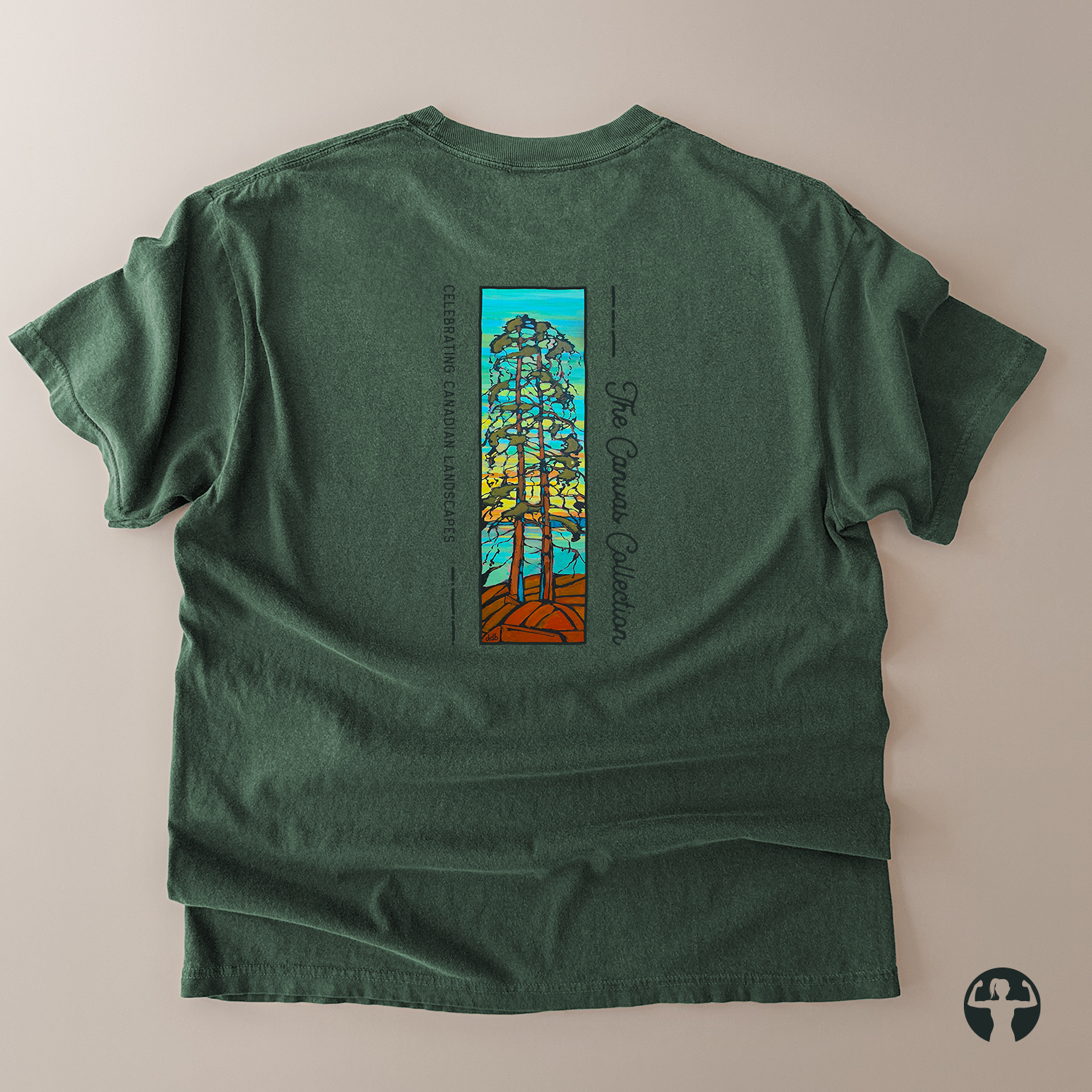 A dark green crewneck t-shirt laid flat on a light beige background, showing a colorful graphic print of a stylized tree on the back.
