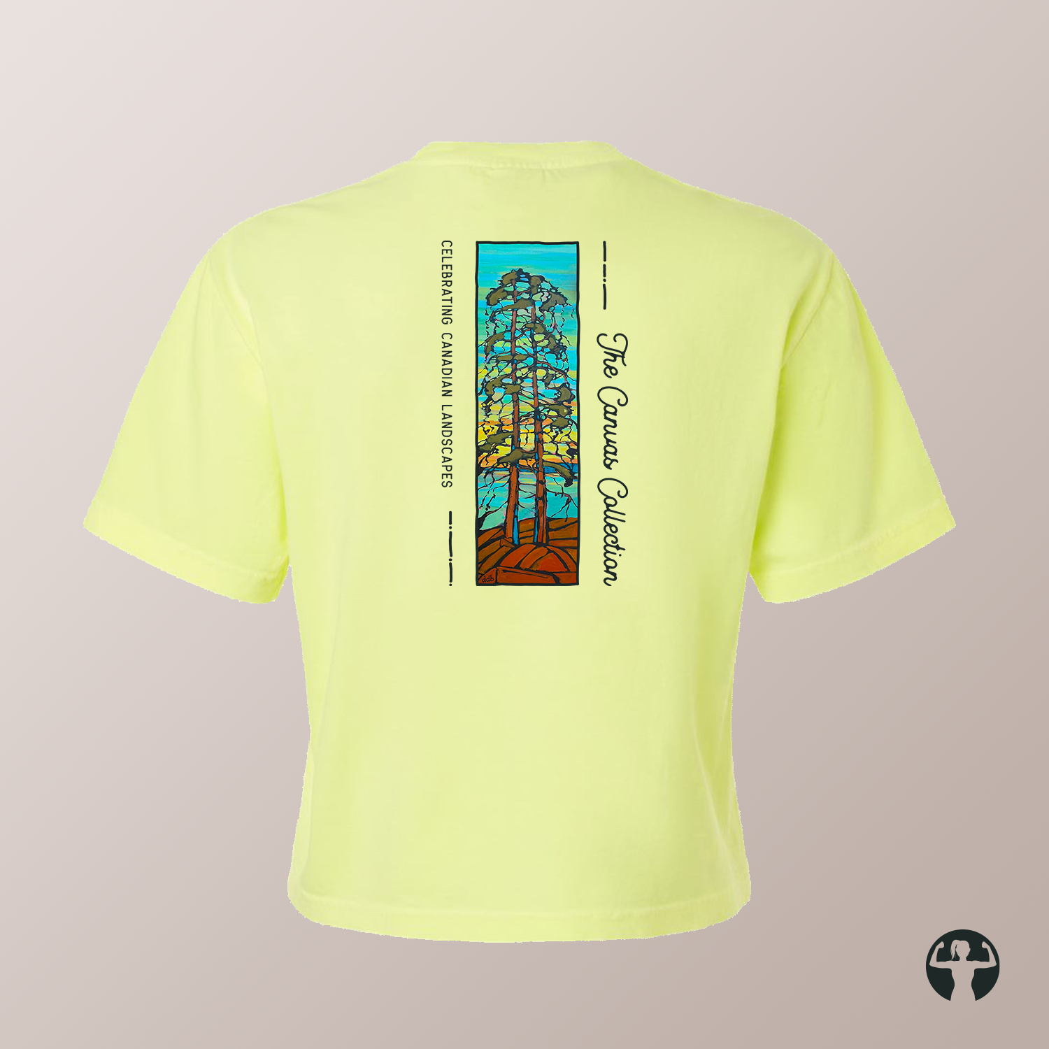 A neon yellow-green cropped t-shirt shown from the back, featuring a vertical graphic print of a stylized tree with text reading 'The Canvas Collection' and 'CELEBRATING CANADIAN LANDSCAPES' on a light beige background.