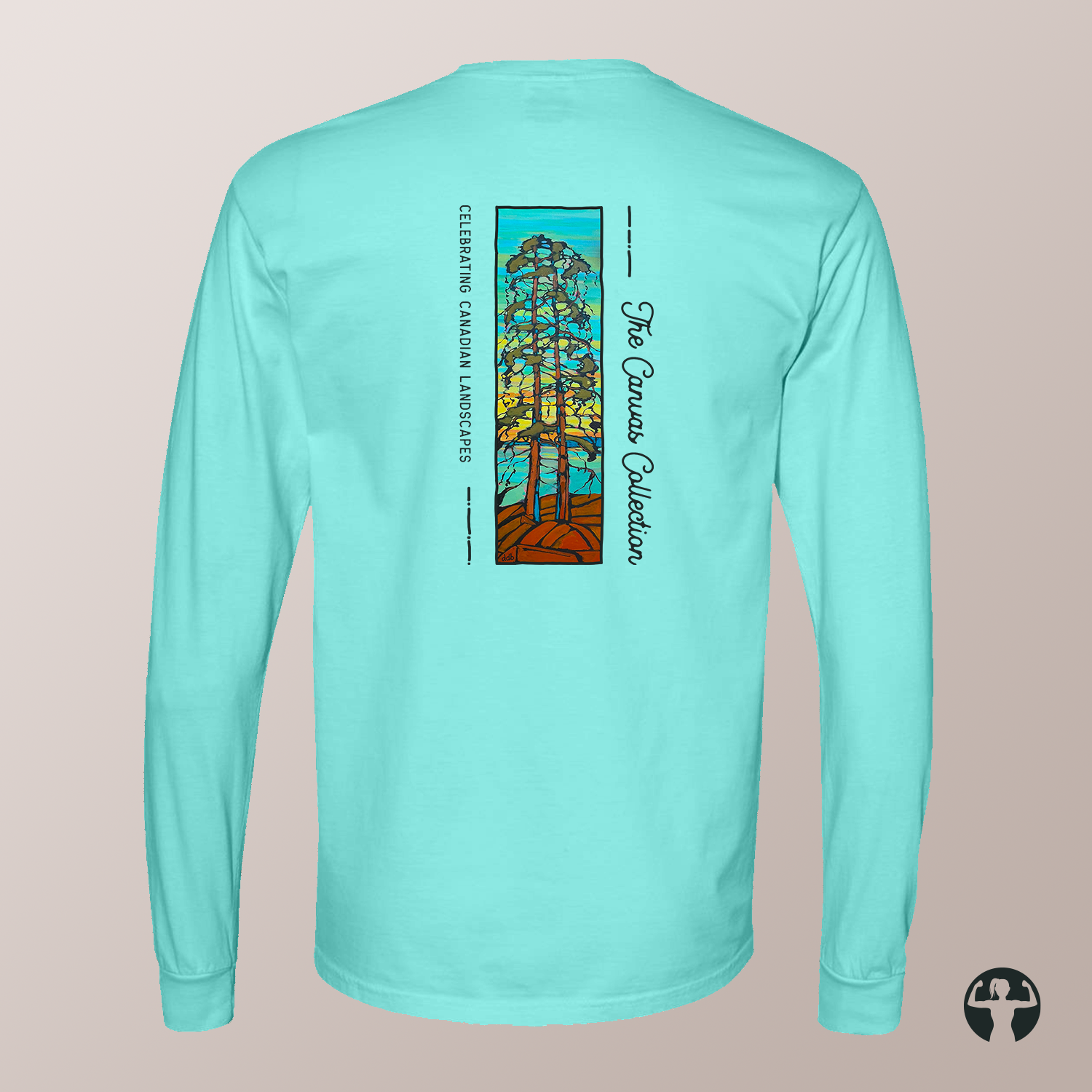 A light aqua long-sleeve t-shirt shown from the back, featuring a vertical graphic print of a stylized tree with autumn leaves and text including 'Celebrating Canadian Landscapes' and 'The Canvas Collection'.