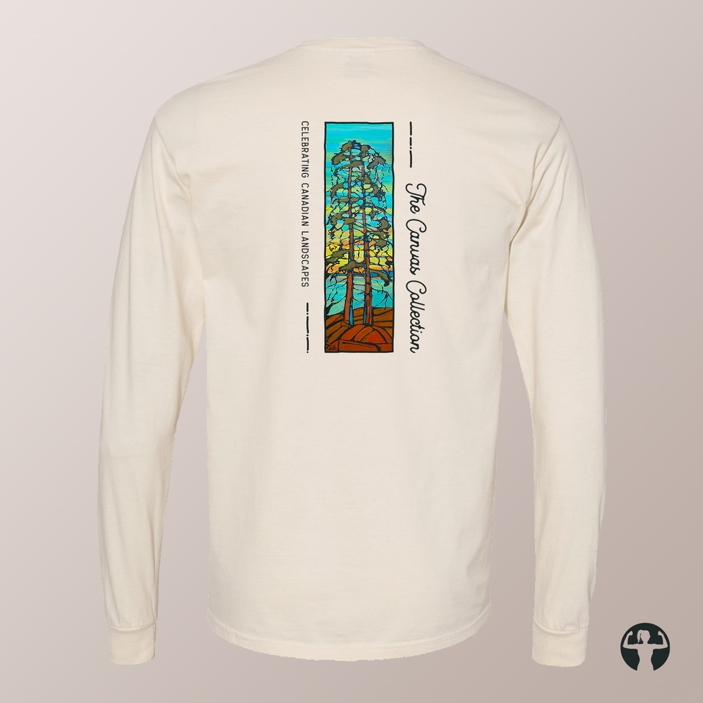 An off-white long-sleeve t-shirt shown from the back, featuring a colorful graphic of stylized trees in a stained-glass style with the text 'The  Canvas Collection' and 'Celebrating Canadian Landscapes'.