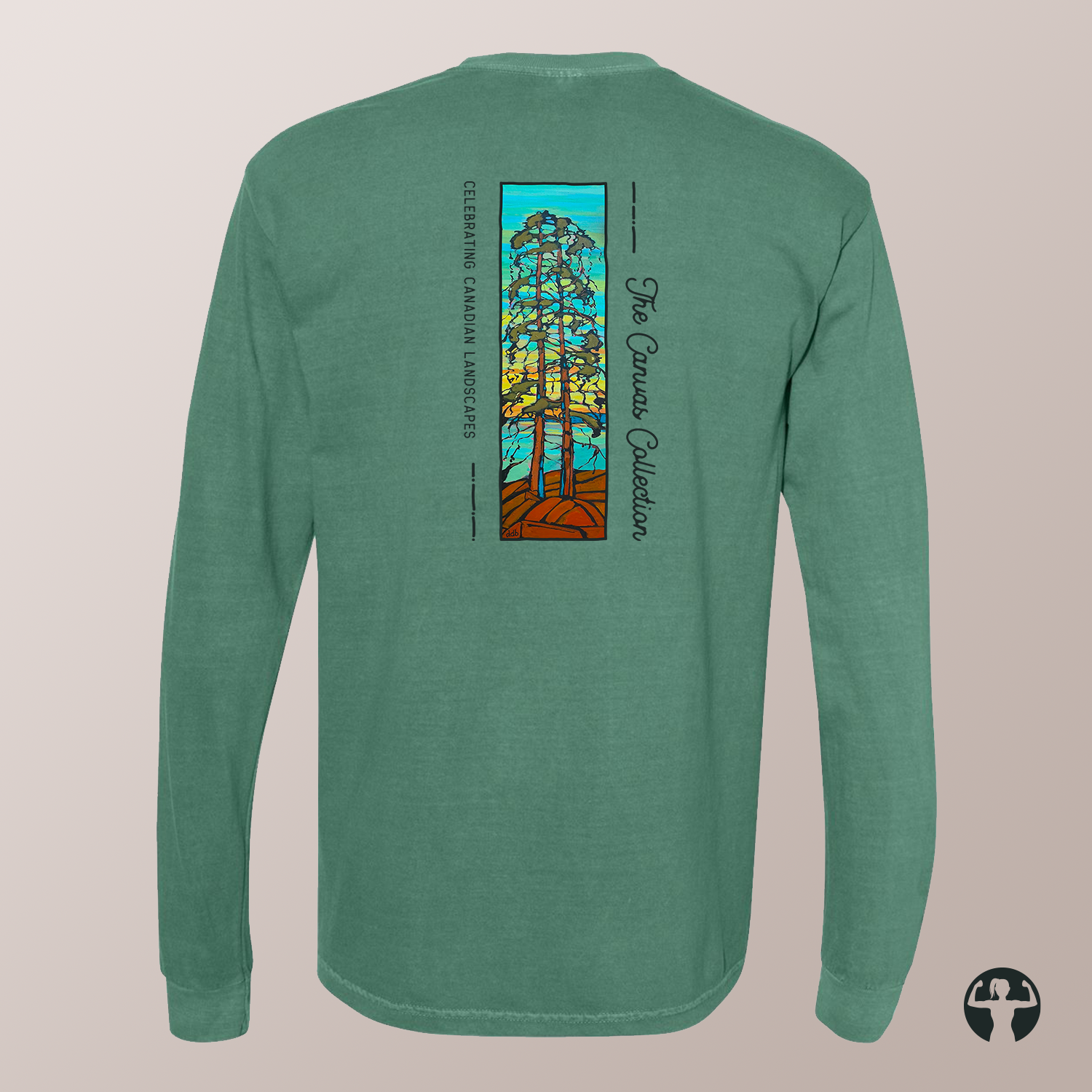 A heather green long-sleeve t-shirt shown from the back, featuring a large graphic print of three stylized trees with a blue sky and orange ground, along with vertical text reading  'Celebrating Canadian Landscapes' and 'The Canvas Collection'.