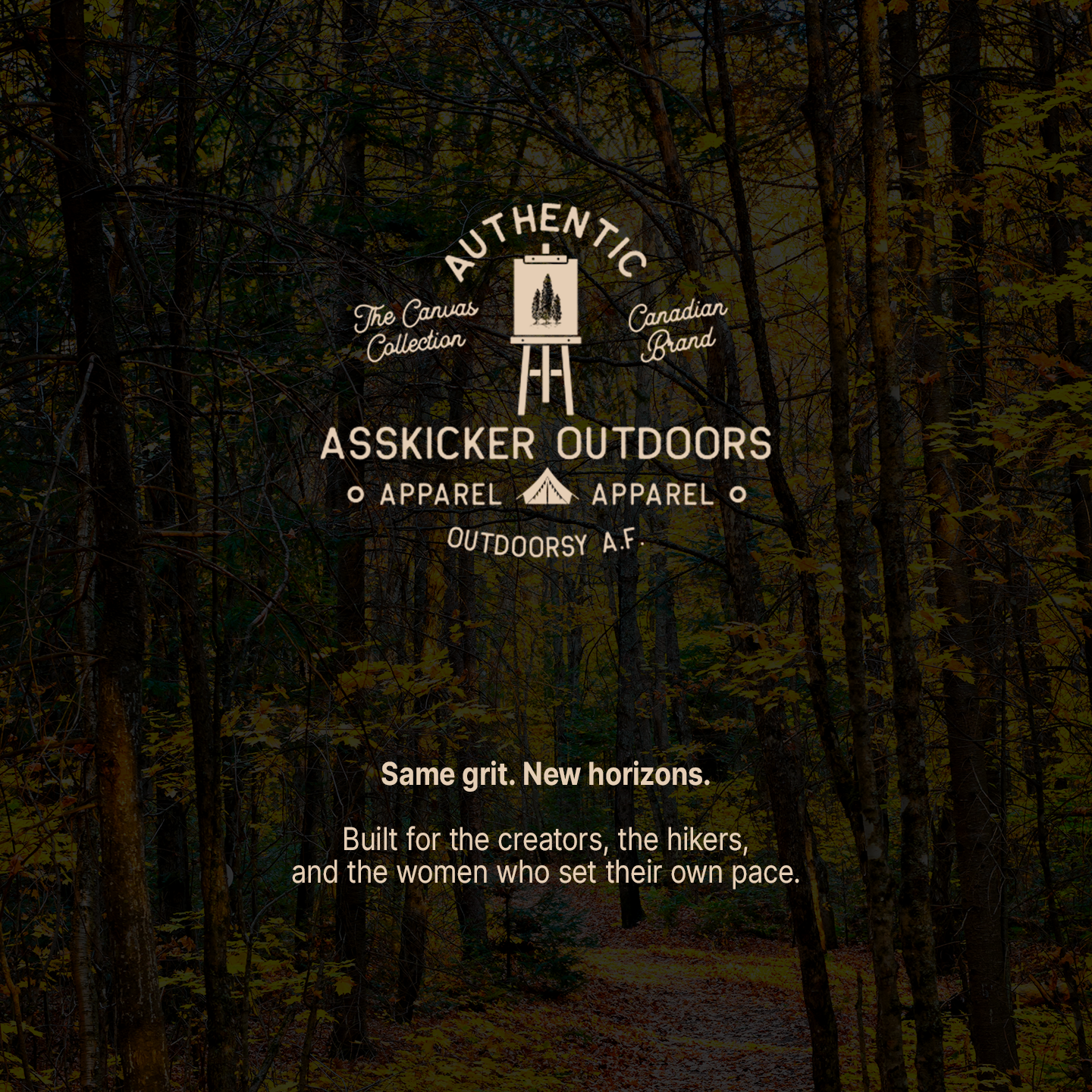 A dark forest scene with overlaid branding text reading 'AUTHENTIC Asskicker Outdoors' and additional slogan text near the bottom. No person or physical product is visible, and the scene appears to be a branded promotional graphic rather than a product photo.