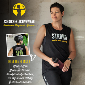 Julie Bateman is the founder of Asskicker Activewear. The brand is named after Annie Asskicker, Julie's roller derby name from when she played with the South Simcoe Rebel Rollers in Orillia, Ontario.