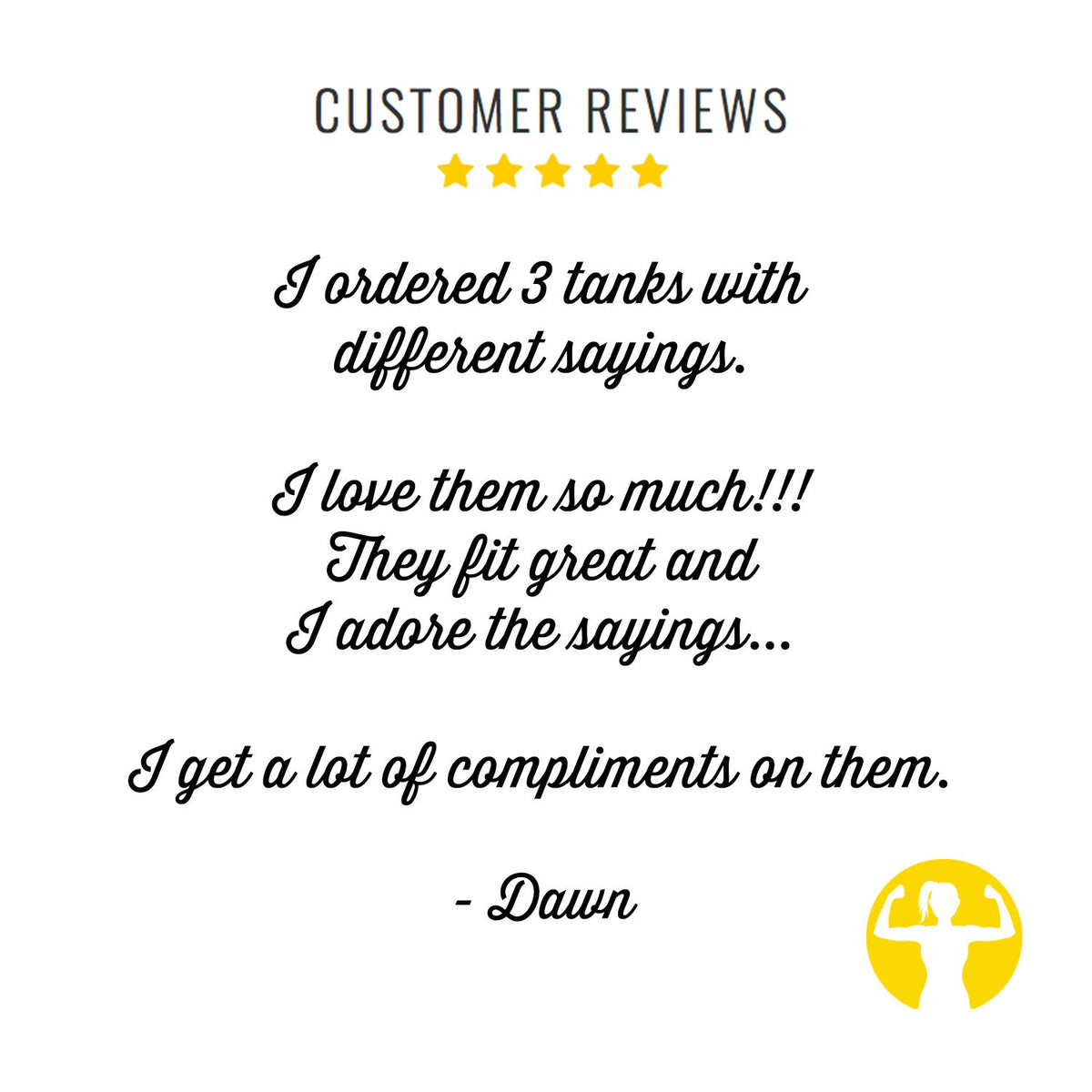 Our positive customer reviews include "I ordered three tank tops with different sayings. I love them so much!!! They fit great and I adore the sayings ... I get a lot of compliments on them." Five Stars for Asskicker Activewear, a woman run Canadian Company.