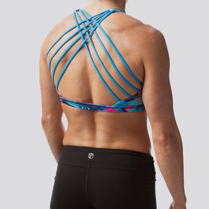 This Pink Palm sports bra design with a blue strappy back  is perfect for summer and can double as a bikini top! Made by Born Primitive, available online from Asskicker Activewear in Barrie Ontario Canada.
