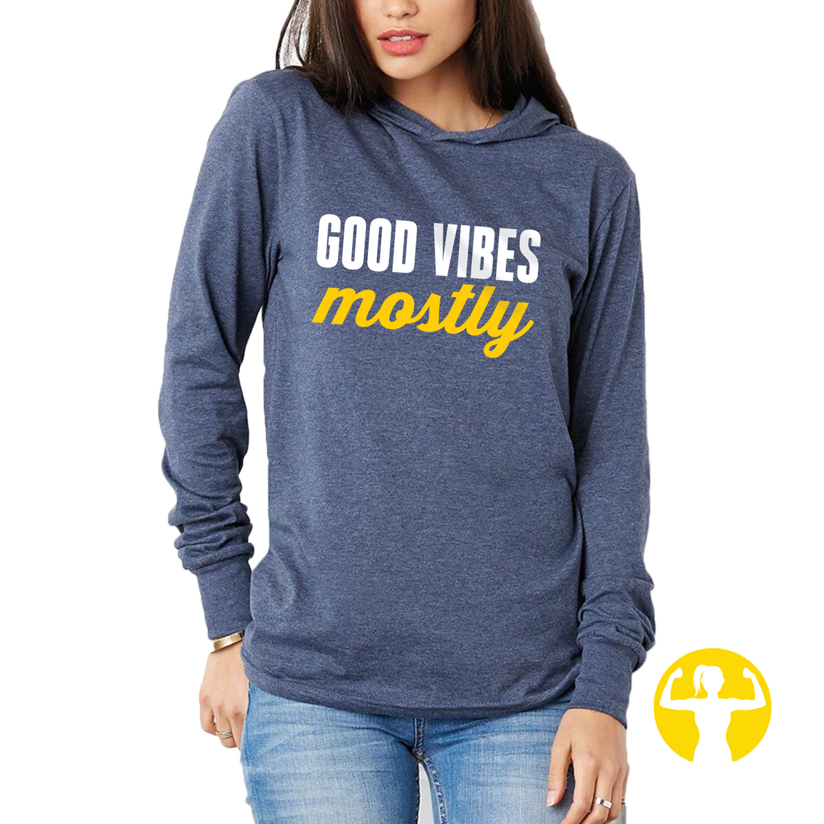 Good Vibes Mostly Navy Blue Light Jersey Pullover Hoodie. Stay cozy and stylish in this light jersey pullover hoodie. With over 30 sayings to choose from and a retail fit, this hoodie is perfect for any season! Unisex sizing XS-2XL.