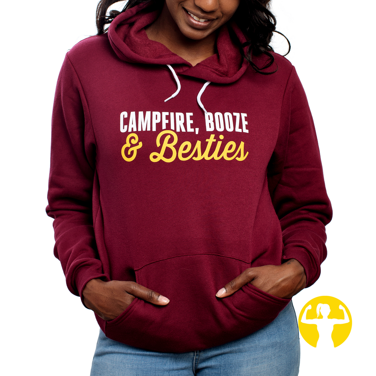 Campfire, Booze &amp; Besties - premium soft, cozy hoodie. Shop for this and other graphic tees and tanks online from Asskicker Activewear in Barrie, Ontario Canada. Free shipping available in Canada and the United States.