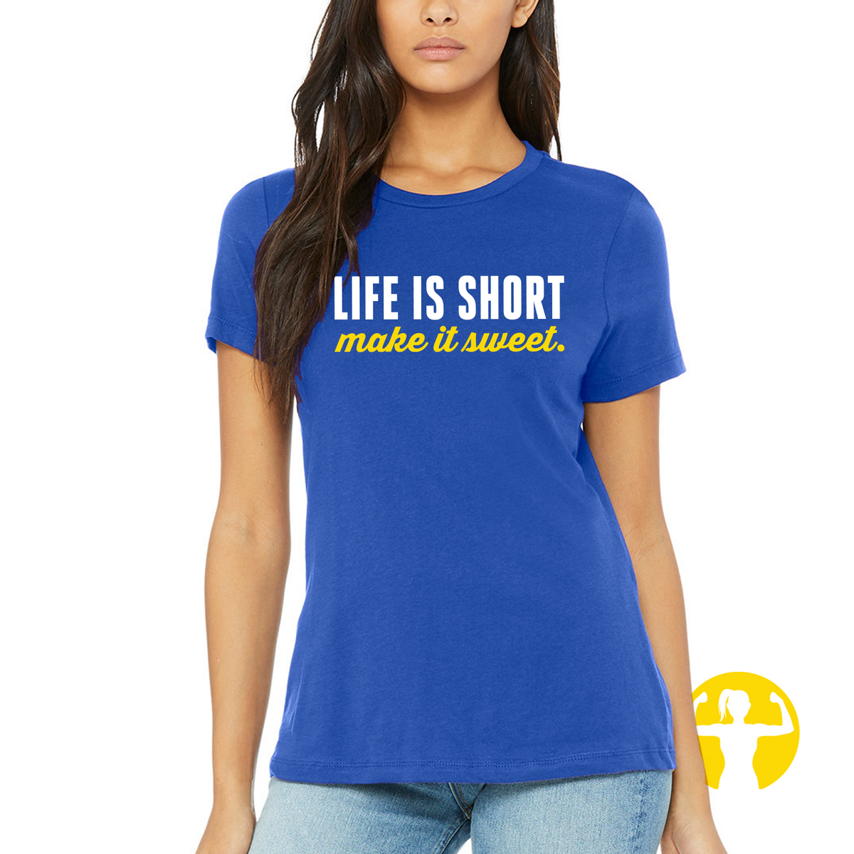 Life is Short, Make it sweet - Women&#39;s Cozy Jersey Short Sleeve tee in multiple colours. Shop online for casual apparel from Asskicker Activewear in Barrie, Ontario. Free shipping over $75 CAD or curbside pickups.