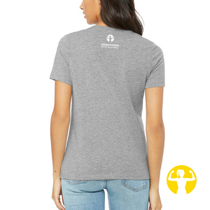 Work hard. Play Hard. Kick ass. Soft and comfortable grey t-shirt for ladies, back view.