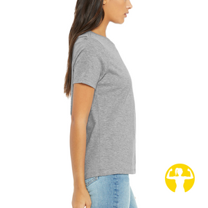 Relaxed fit t-shirt for women, side view. Light Grey Heather.