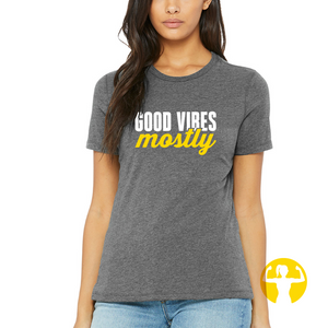 Good vibes, mostly. Loose fit, dark grey tee from a woman owned and operated Canadian company.