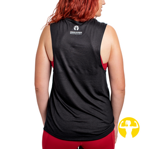 back view of an ultra soft and flowy muscle shirt in black, with a strong woman logo on the back.