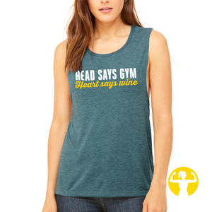 Head says gym, heart says wine - deep teal coloured muscle tank for women