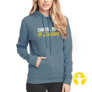 Campfire, Booze & Besties. This stylish pullover hoodie is perfect for cozy nights at the cottage, camping or nights by the back yard bonfire with your besties.