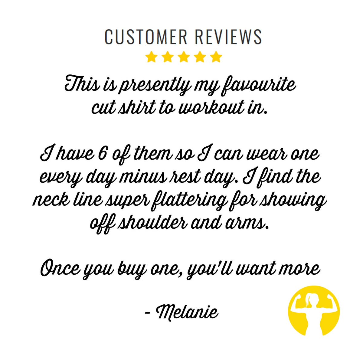 Five Star Customer Review for Asskicker ActivewearL This is presently my favourite cut shirt to work out in. I have six of them, so I can wear one every day minus rest day. I find the neck line super flattering for showing off shoulder and arms. Once you buy one, you'll want more! Positive reviews for Asskicker Activewear, a Canadian Apparel Brand.