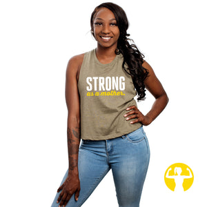 Strong as a Mother - Olive Green Cropped Racerback Tank Top for Women