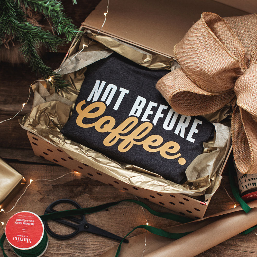 Not Before Coffee - grey heathered long sleeved t-shirt gift wrapped for a woman's christmas gift.