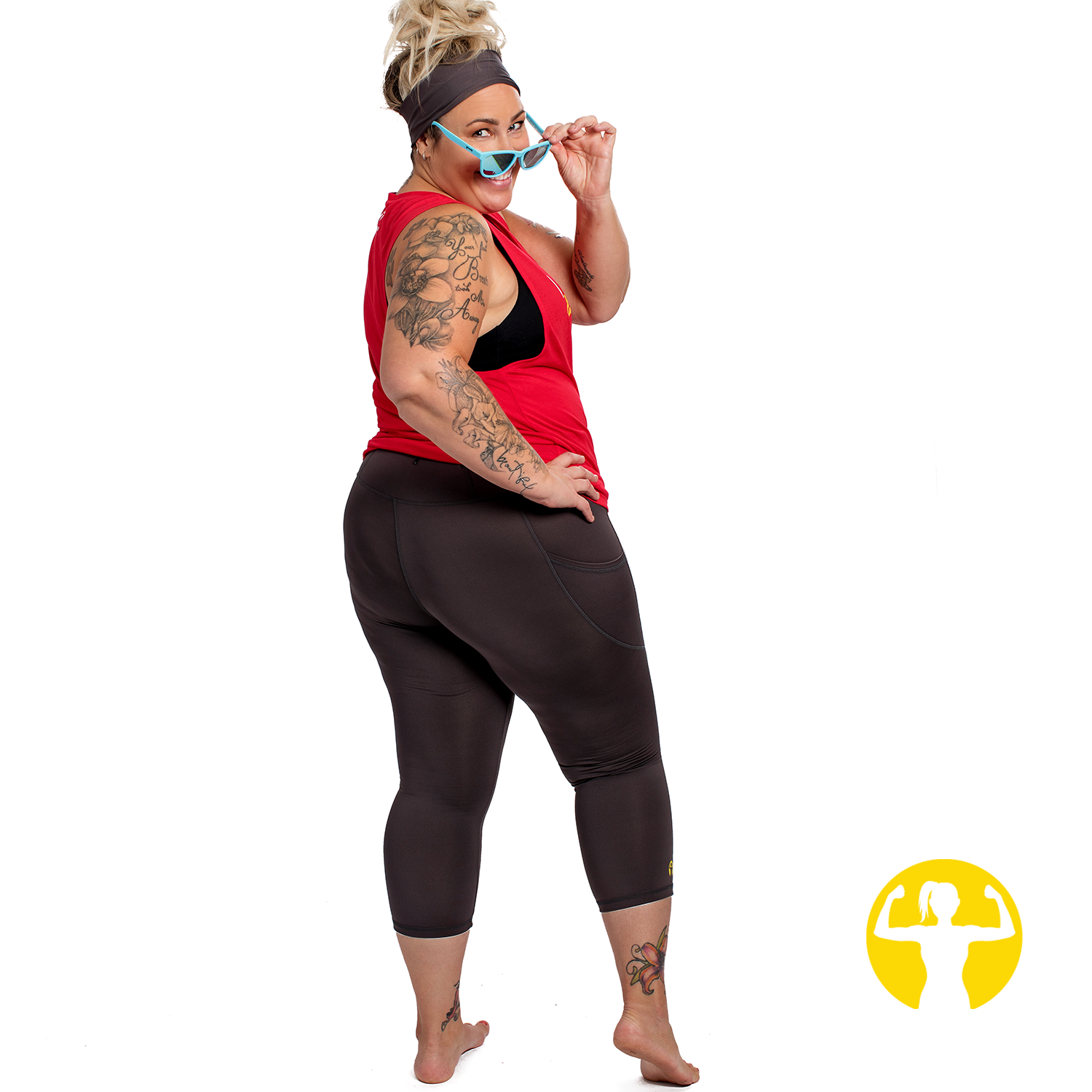 Made Responsibly in Canada 🇨🇦: Fabric is made with post consumer recycled raw material such as water bottles. Leggings were manufactured by a small cut & sew factory owned by Canadian women in Toronto and fabric offcuts were repurposed to make non-slip moisture wicking headbands.

Zipped Back Pocket: Concealed in waistband for safely storing a key or card on the go

Extended Sizes: Sizes range from S-4X