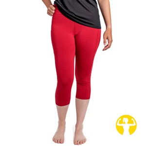 Red high waisted pocket leggings made in Canada, woman owned company.