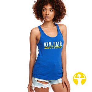 Royal Blue gym tank with a saying that reads Gym Hair, Don't Care