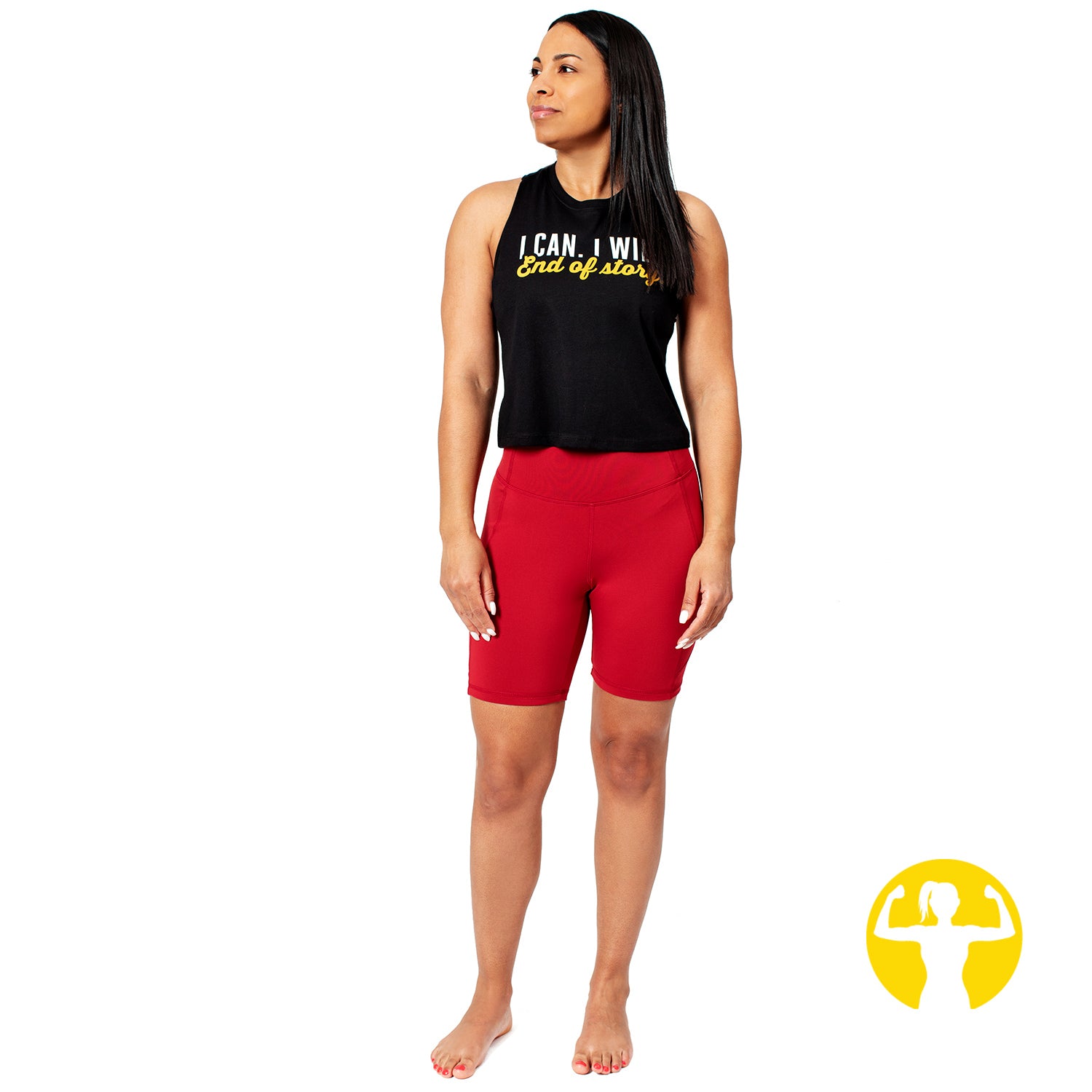 I can. I will. End of Story. Black, cropped racerback tank top for women worn with red biker-style pocket shorts.