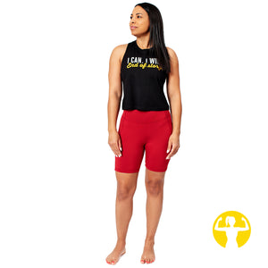 I can. I will. End of Story. Black, cropped racerback tank top for women worn with red biker-style pocket shorts.