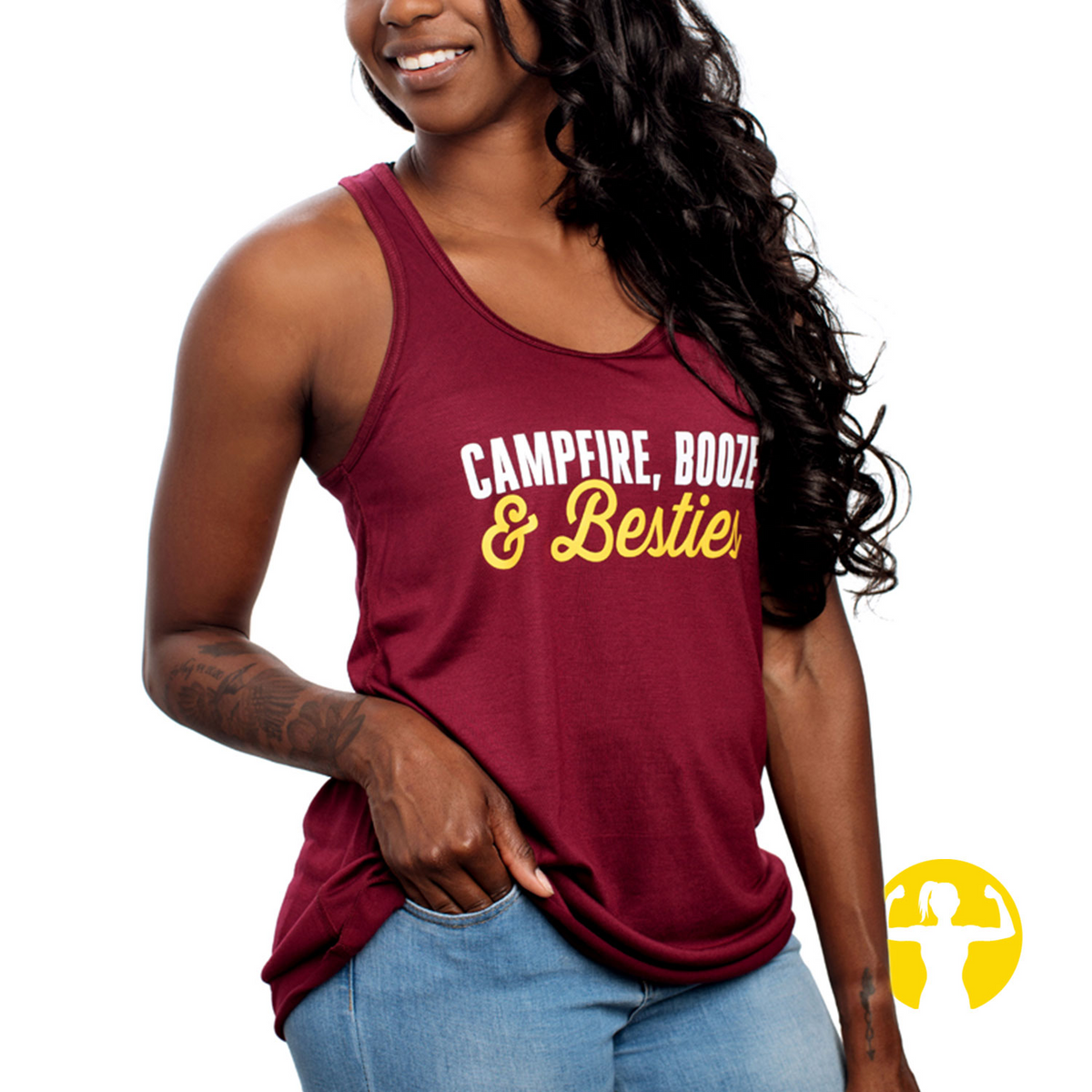 Campfire, Booze &amp; Besties - Ultra Soft, Flowy Racerback Tank
