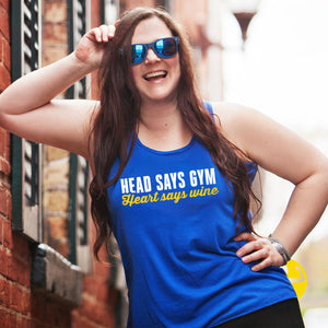 Head Says Gym, Heart Says Wine - Royal Blue Gym Tank for women in body positive fits and sizes.