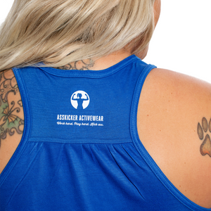 Back of royal blue flowy racerback tank top with Asskicker Activewear logo that says work hard, play hard, kick ass.