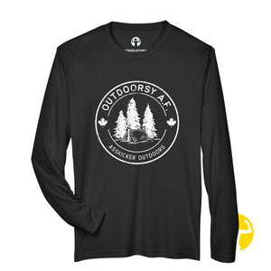 Outdoorsy A.F. long sleeved graphic tee in black. Be Calm, Be Strong Be Grateful. This is just one of over 30 sayings you can choose for these long sleeved tees. This lightweight shirt is perfect for outdoor activities or warmups because the stretchy moisture-wicking material with UV 40+ protection moves with you, keeps you dry and protected from the sun.   In Stock,  Extended Sizes: XS-4XL