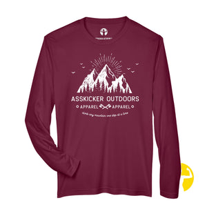 Climb any mountain one step at a time. This maroon graphic tee is just one of over 30 sayings  or graphics you can choose for these long sleeved tees. This lightweight shirt is perfect for outdoor activities or warmups because the stretchy moisture-wicking material with UV 40+ protection moves with you, keeps you dry and protected from the sun.   In Stock,  Extended Sizes: XS-4XL