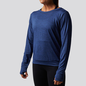 Front view of navy blue long sleeved gym shirt for women.