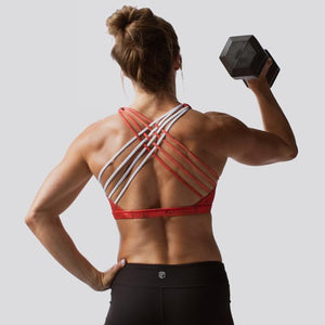 Red and white sports bra with a scrappy back