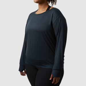 Black long sleeved workout shirt for women. 