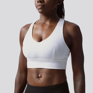 White sports bra with high support, available in Canada
